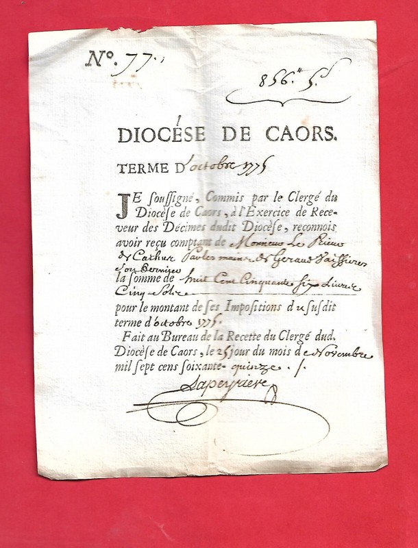 Recu De  Paiementdes Decimes  Du  Diocese De Cahors  Lot  1775