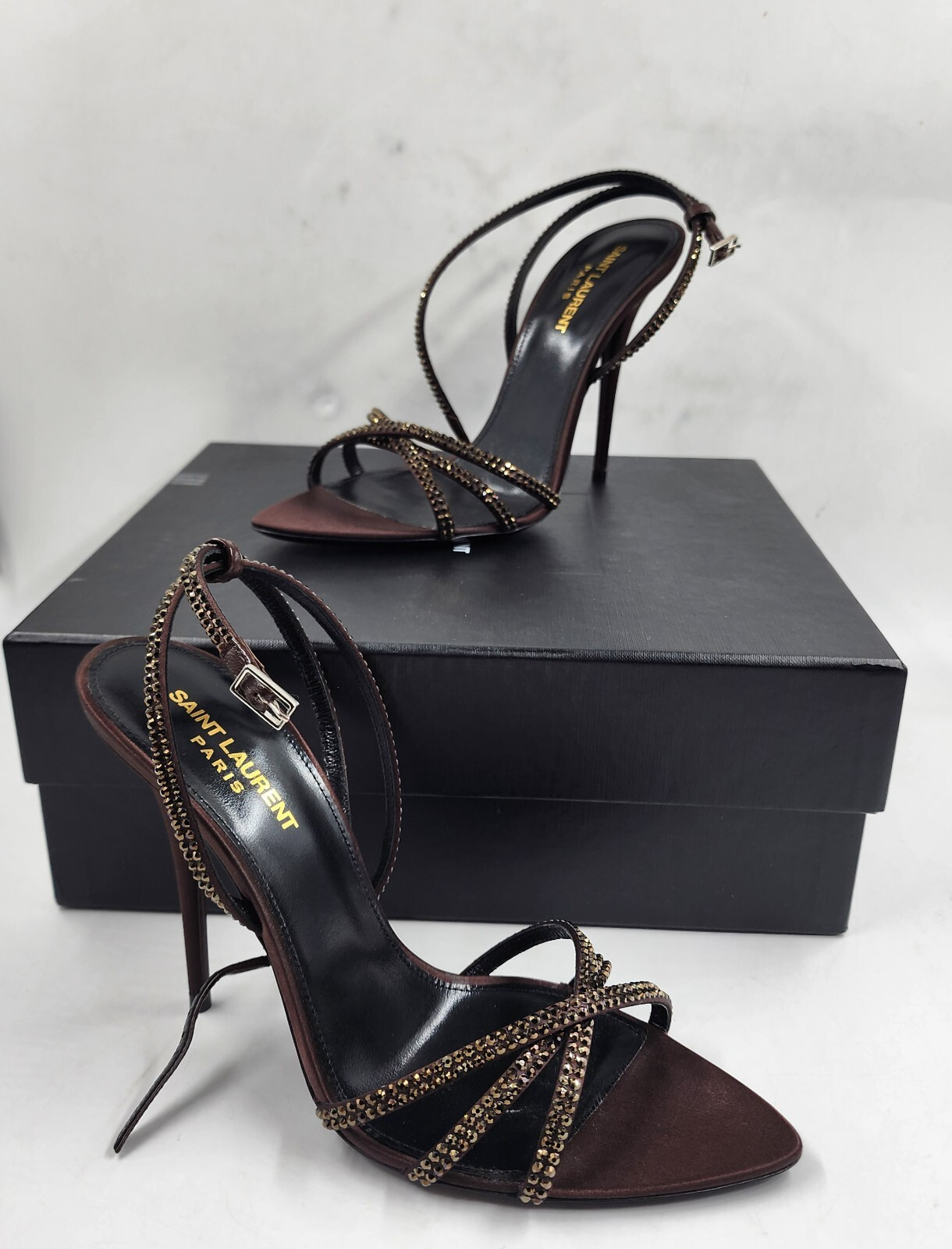Saint Laurent Ava Embellished High Heel Sandals Women's 39/9 US Chocolate - Picture 6 of 19