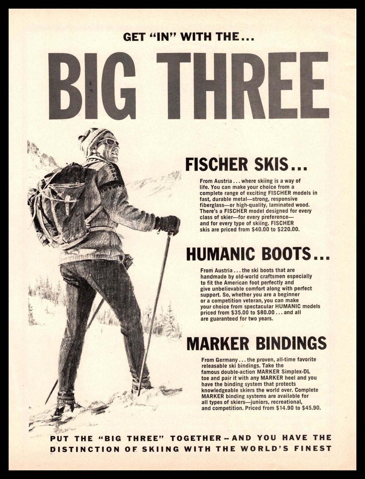 1967 Fischer Skis Humanic Boots Marker Bindings "Big Three" Vintage Ski Print Ad