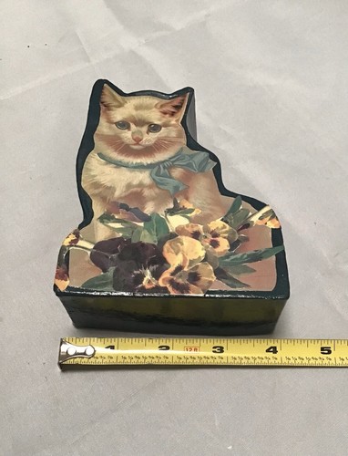 Vintage Figural Decoupage Trinket Gift Box Hanging Ornament Cat Shaped 5&rdquo;