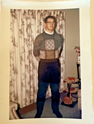 VTG Handsome standing Man Glasses sweater - Barkcloth snapshot found color photo