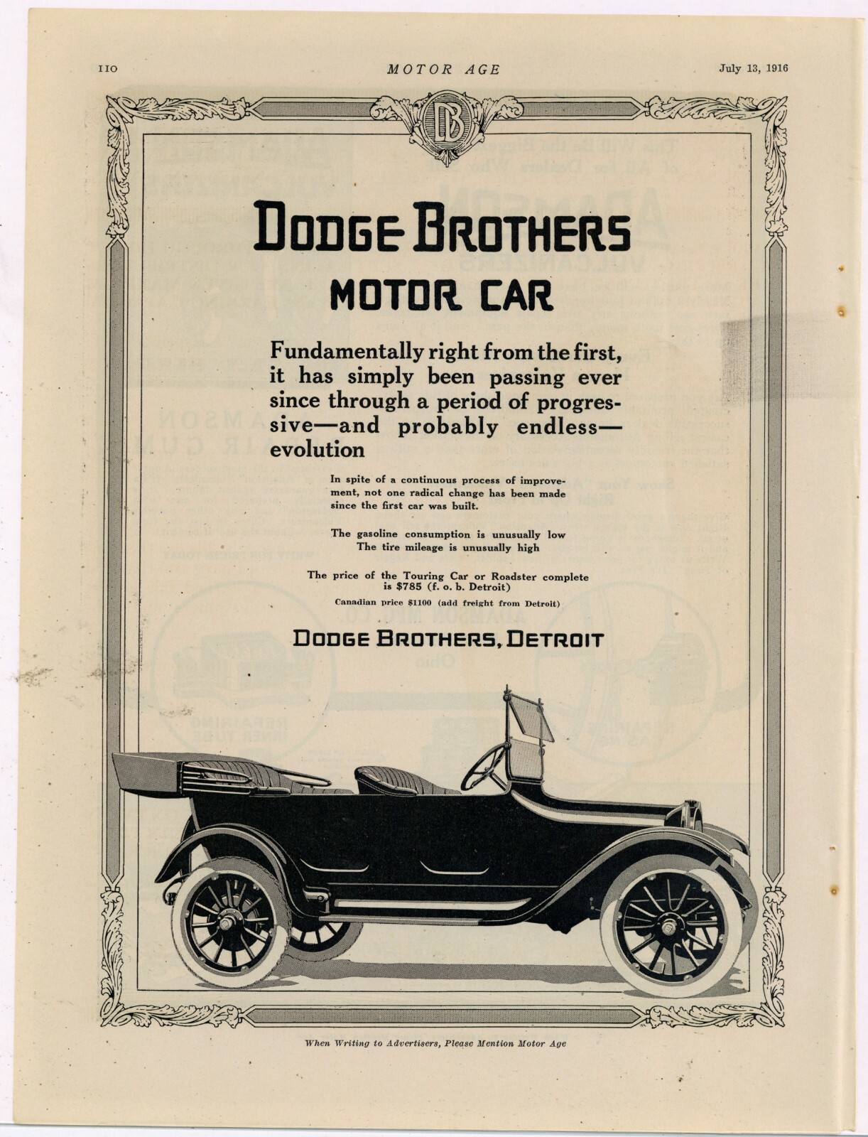 1916 Dodge Brothers Automobile Ad: Touring Car or Roadster - $785 