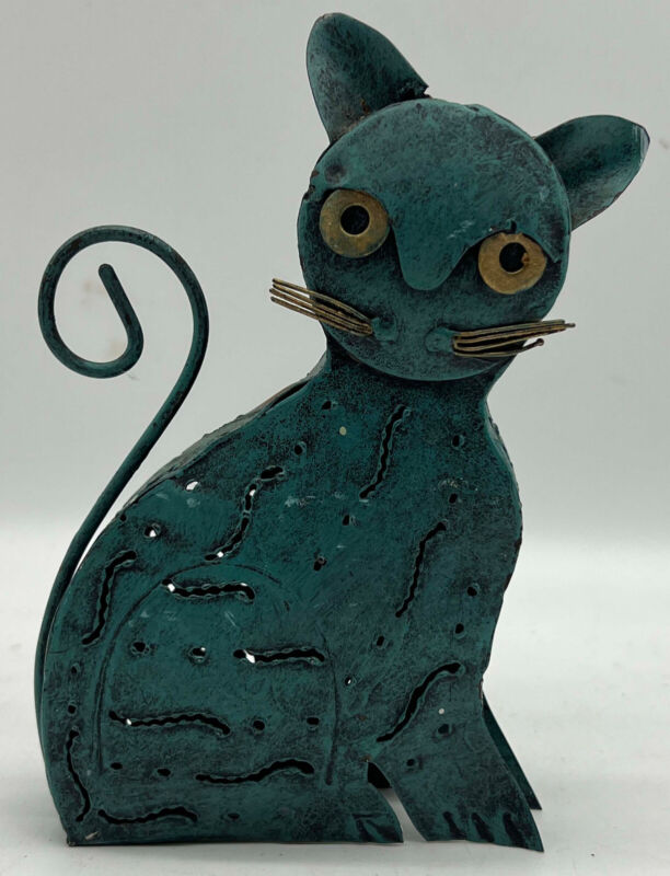 Green Coloured Metal Cat Sculpture / Figurine with small storage compartment