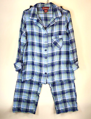 Everdream Size S Flannel Pajamas Blue Plaid Cotton Long Sleeve Set Style PF171W