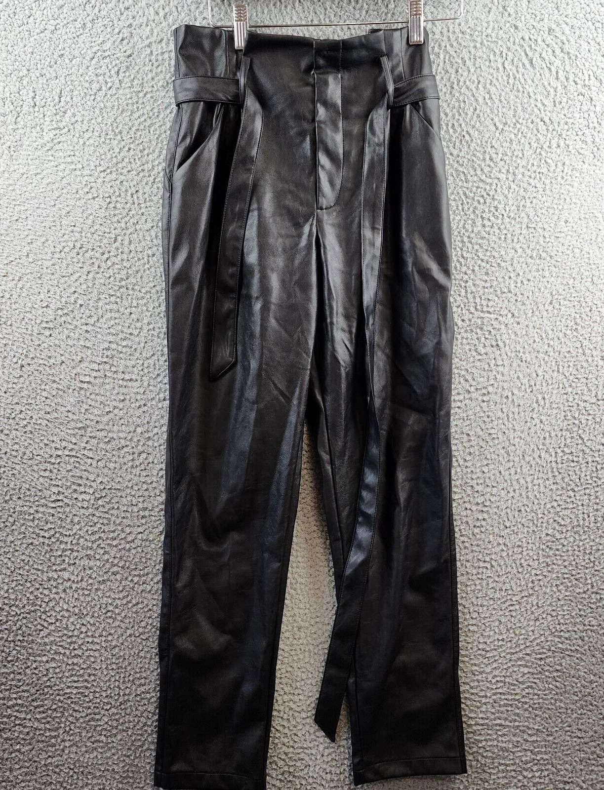 Lucy Paris Faux Leather Paperbag-Waist Pants Women's S Black Zip Fly Belt Loop - Picture 2 of 15