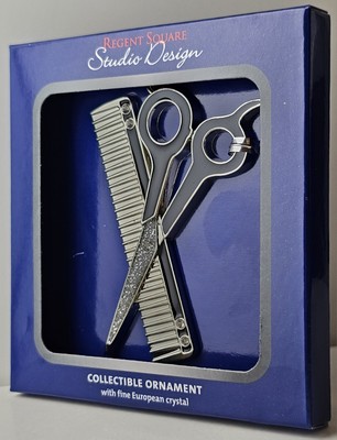 Regent Square Crystal Scissors & Comb Hair Dresser Stylist Barber Metal Ornament