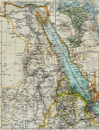 1900 Antique map of EGYPT, SUDAN, ERITREA. 120 years old chart. 