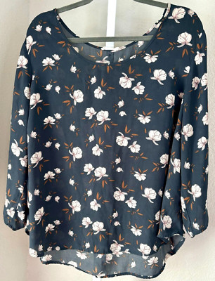 New Lush Floral Blouse Top Shirt Sheer Button-Back Tab Sleeve Navy Blue 1X - 2X