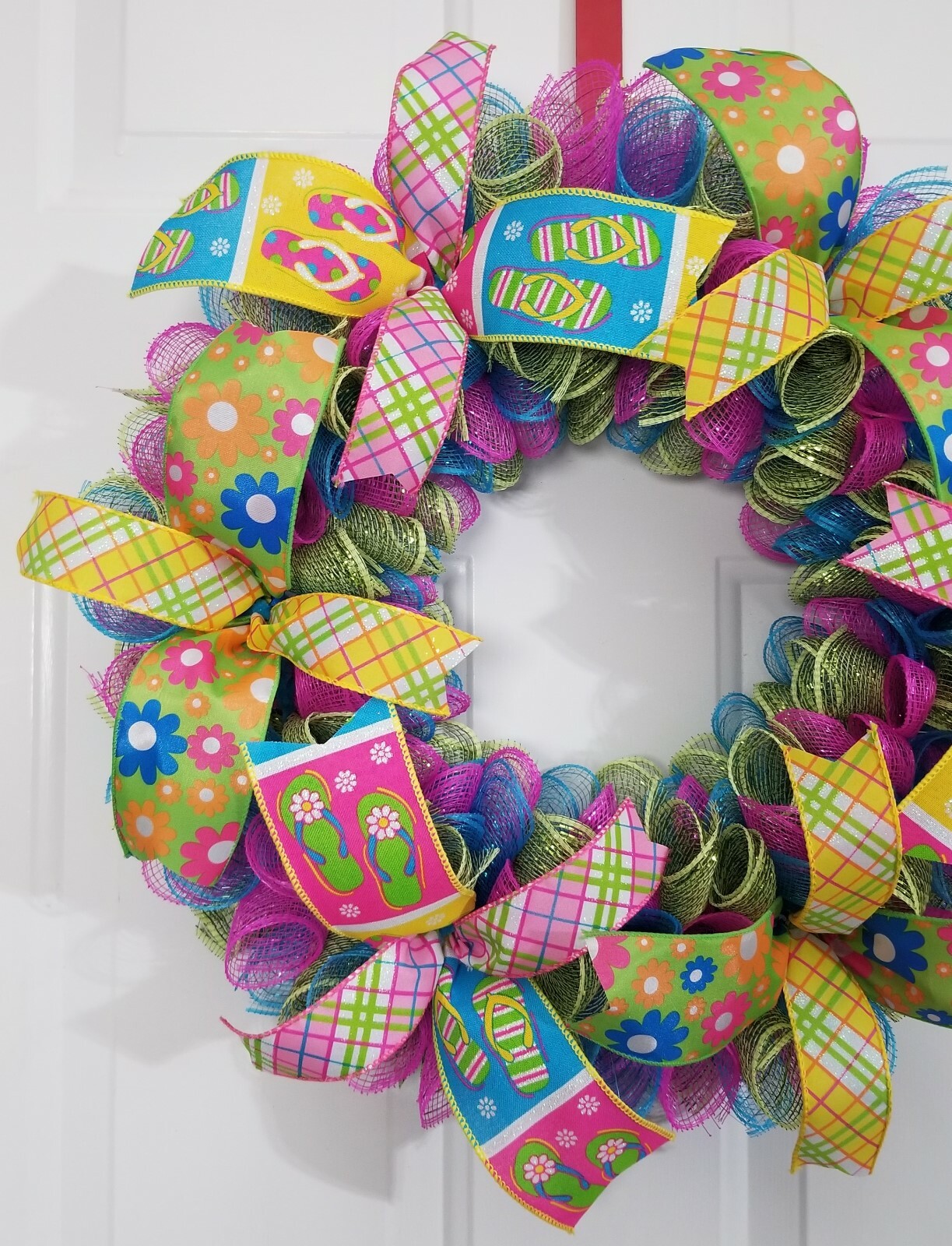 Spiral Pink Blue Spring Summer Theme Flower Flip Flops Ribbon Deco Mesh Wreath
