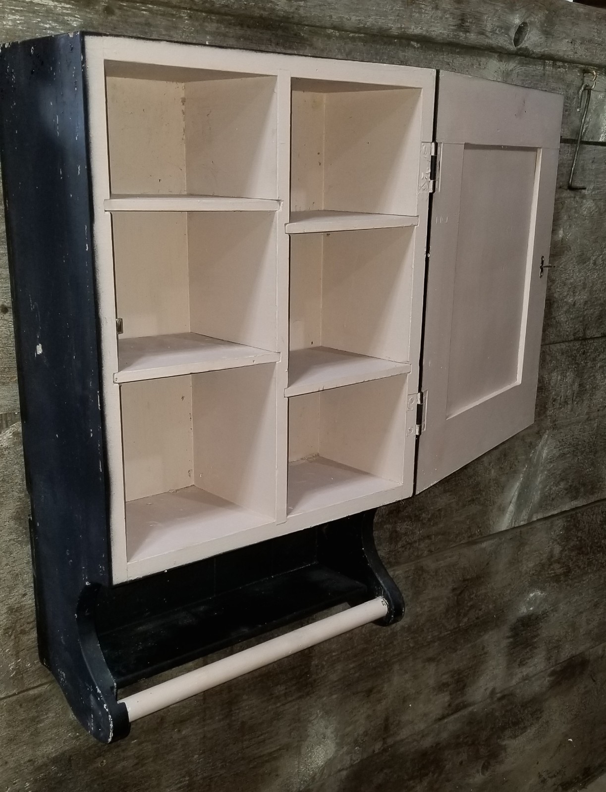 Vintage/Primitive  Painted Wooden Kitchen Bathroom Wall Cabinet & towel rack.