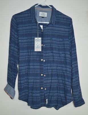 NWT Flag & Anthem Blue Stripe Long Sleeve Button Up Linen Shirt Size Medium