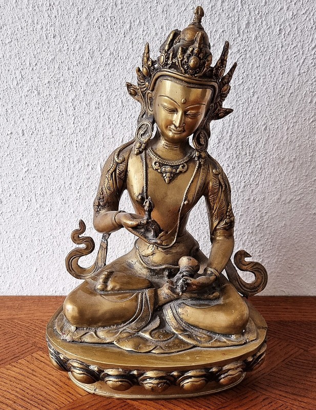 Alte Statue - Vajrasattva / Dorje Sempa Mit Dorje & Ghanta, Messing, Nepal, 41cm