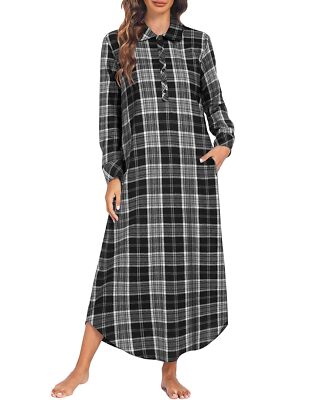 Womens Long Sleeve Button Down 25%Cotton Nightgown w/Pockets 2XL GrayBlack Plaid