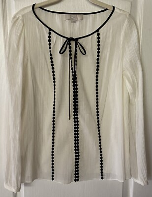 Ann Taylor Loft Cream & Black Long Sleeve Gauzy Sheer Cotton Blouse Size S NWOT