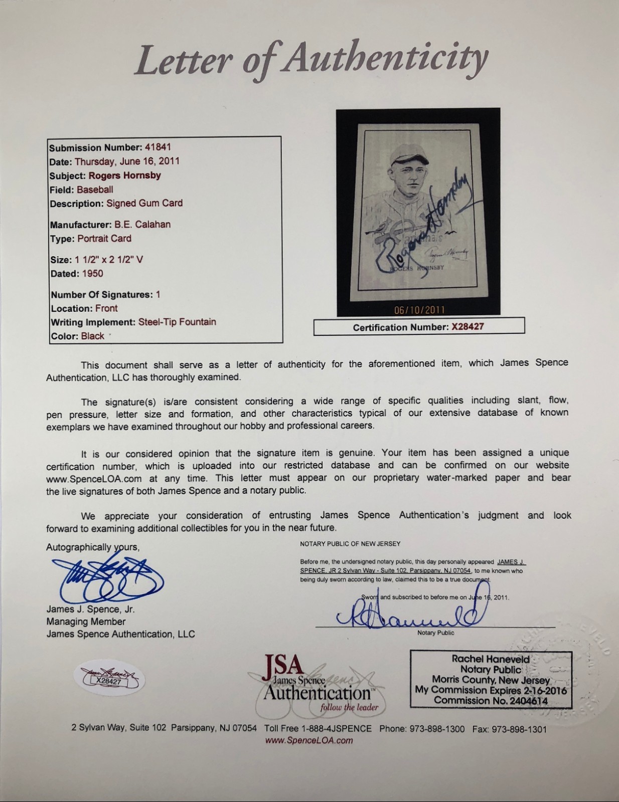 Rogers Hornsby Autographed Signed HOF card photo JSA Letter Authentic X28427