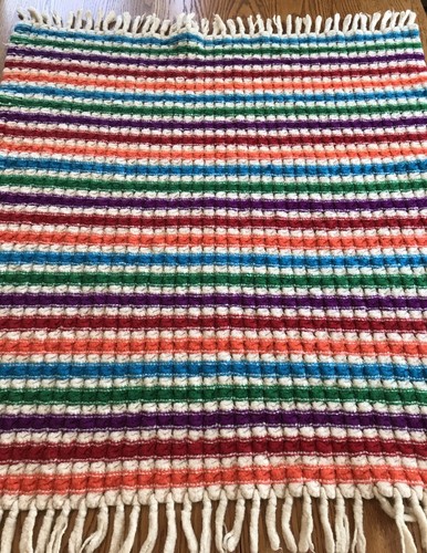 Vintage Handmade Throw Small Rug Wool Multi Color Striped Fringe 36” X 39”