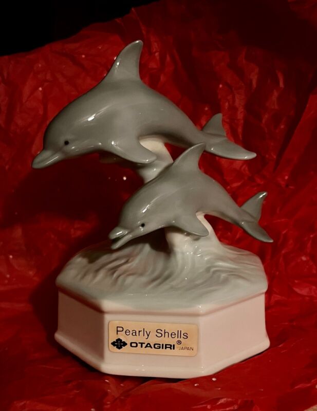 Dolphin Porcelain Revolving Music Box Playing "Pearly Shells"