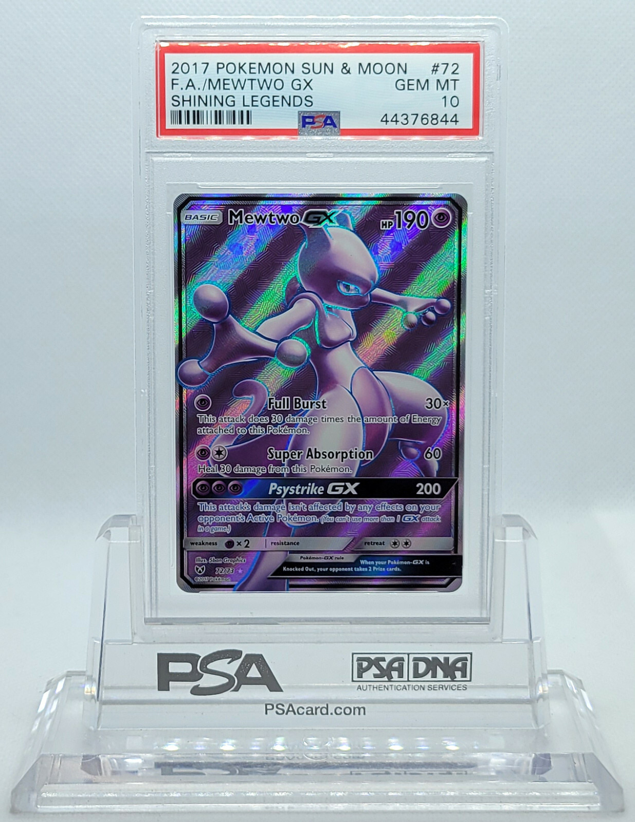POKEMON SHINING LEGENDS MEWTWO GX #72 FULL ART HOLO PSA 10