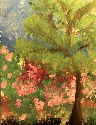 ACEO Full Moon Spring Flower Field Blue Cloud Sky Forest Tree Linda's Art Angels
