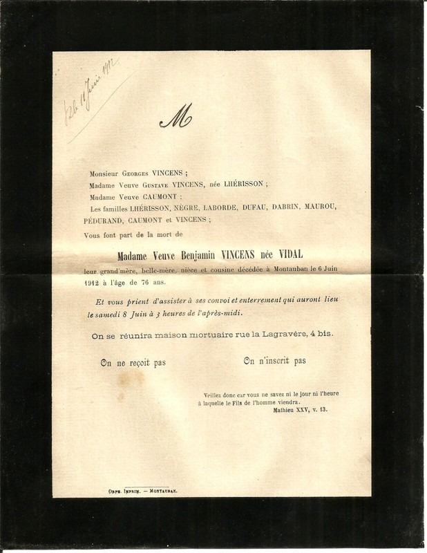 Montauban 1912 .Faire-Part De DÃ©CÃ¨S Mme Vve Benjamin Vincens NÃ©E Vidal.