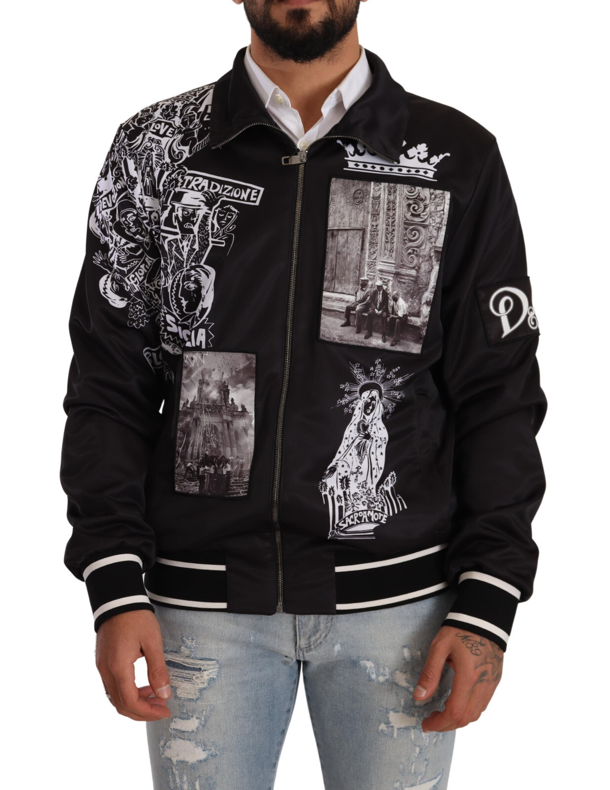 DOLCE & GABBANA Sweater Black Logo Zipper Superstizione IT54 DOLCE & GABBANA Sweater Black Logo Zipper Superstizione IT54