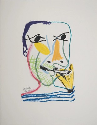 Pablo PICASSO : Le Goût du Bonheur, Portrait fumant, Lithographie