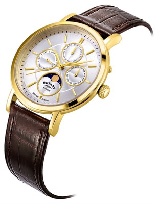 Pre-owned Rotary Dress Moonphase Quartz (38mm) Silver Dial / Brown Leather Strap