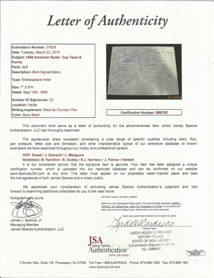 1949 Ryder Cup Signed Menu JSA Full LOA Demaret Snead Mangrum C291