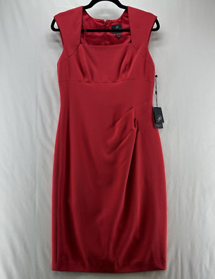 Adrianna Papell Dress Sz 6 Crepe Sheath Drape Pleated Square Neck Cap Sleeve Red
