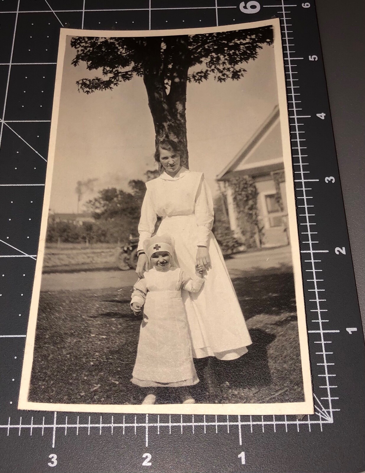 1910s Girl in NURSE Costume UNIFORM Red Cross Child WWI Vintage Snapshot PHOTO 1
