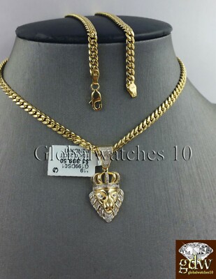 Pre-owned Globalwatches10 Real 10k Gold & Diamond Lion Head Charm Miami Cuban Chain 24 Inch Men's Women