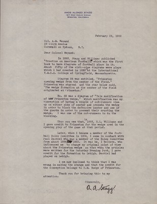 AMOS ALONZO STAGG - TYPED LETTER SIGNED 02/25/1952