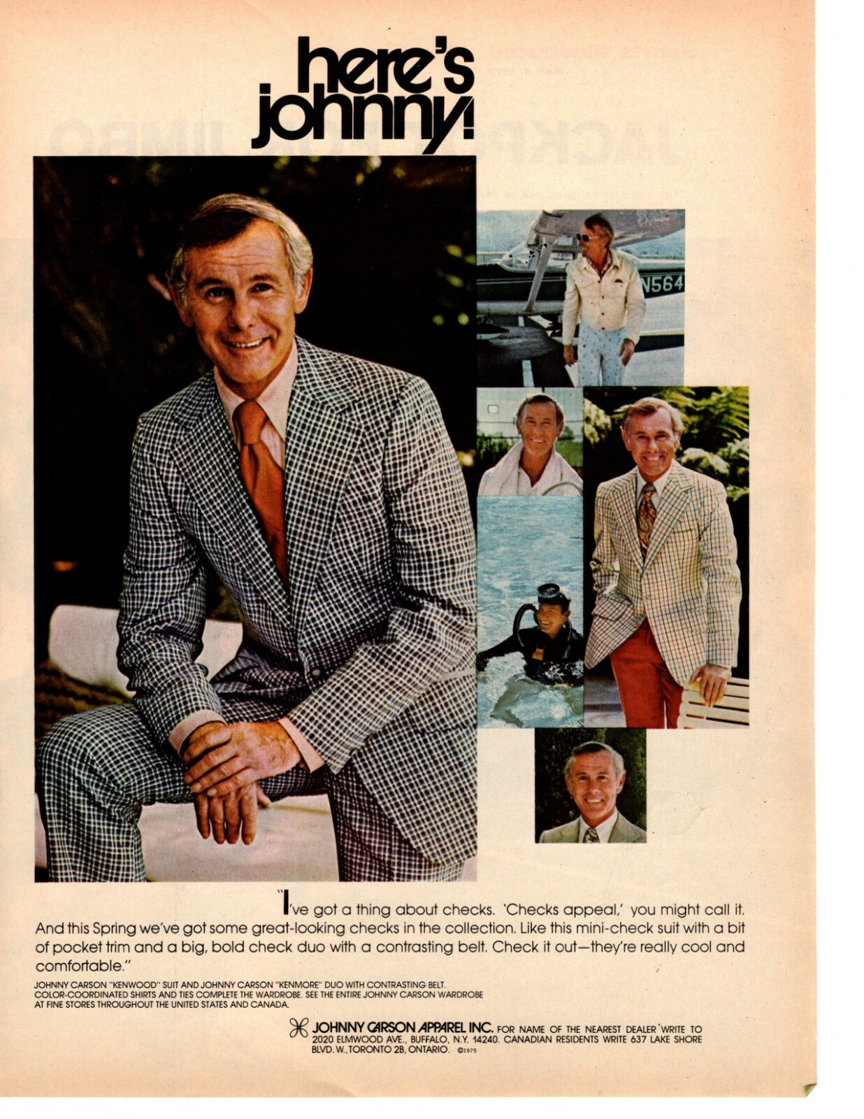 1975 Johnny Carson Apparel Inc. Here's Johnny! Kenwood Suit Kenmore Duo Print Ad