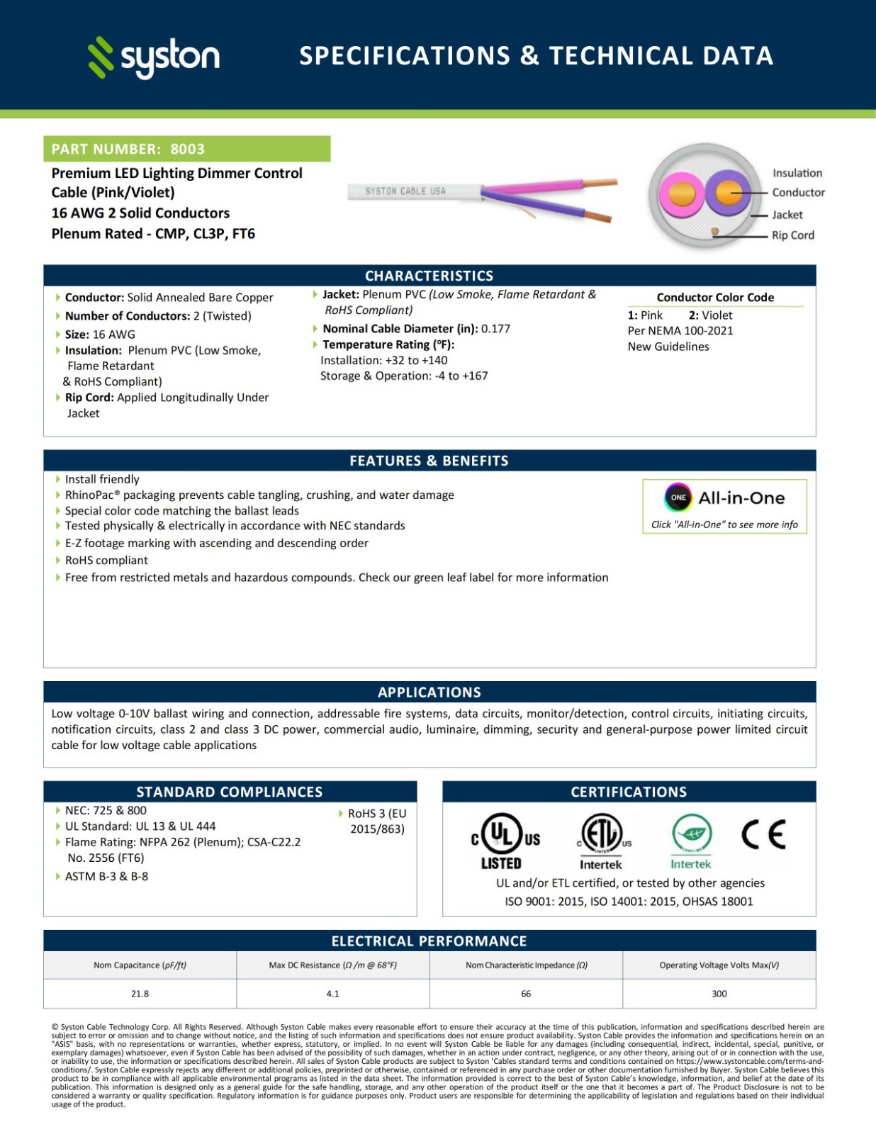 Syston 16/2 LED Lighting Wire Dimming Luminaire Control Cable CL3P- 500ft 1000ft