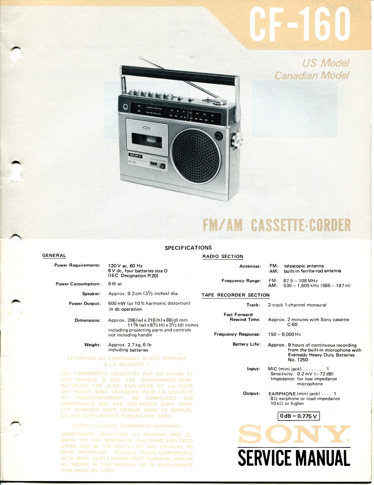 VINTAGE SONY SERVICE MANUAL FM/ AM CASSETTE- CORDER CF-160