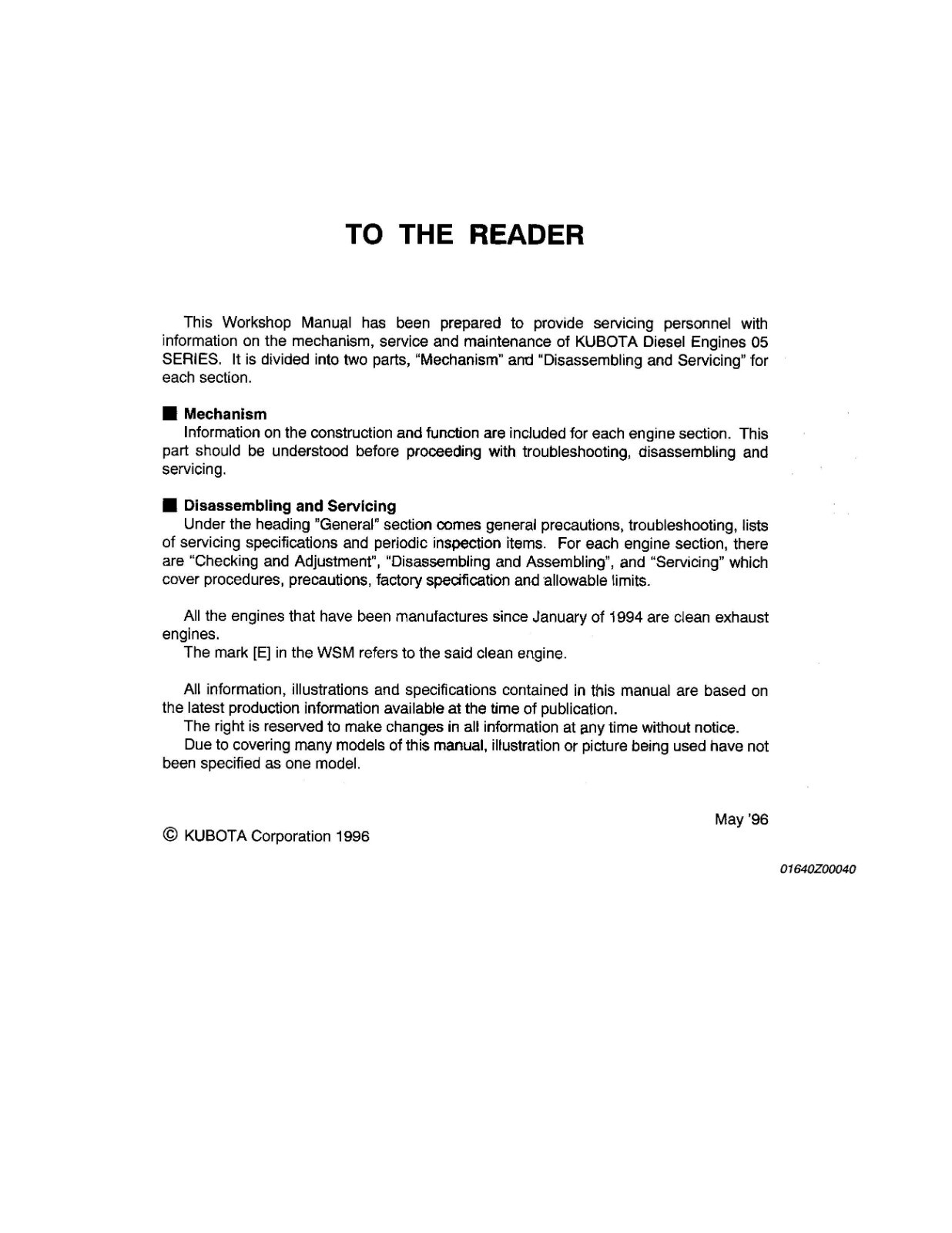 Diesel Engine Workshop 05 Series D1105 V1505  Kubota Manual 1996