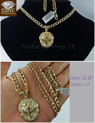 Pre-owned Globalwatches10 Real Men 10k Gold Lion Head Charm Pendant With 28" Inch Miami Cuban Link Chain In Yellow
