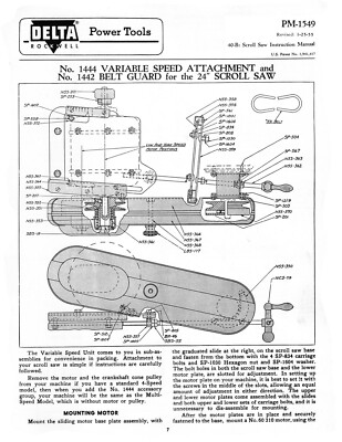Delta 24" Scroll Saw Older Style Operating, Maintenance & Parts Manual #1954