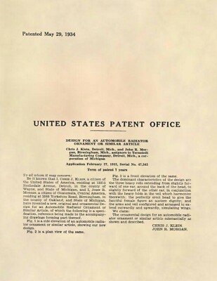 Cadillac Flying Goddess Hood Ornament Official US Patent Art Print - Vintage 557