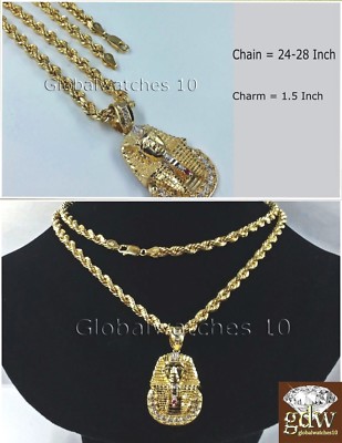 Pre-owned Globalwatches10 Real Mens 10k Gold 28" Inch Rope Chain & Egyptian Pharaoh Head Charm Pendant. In Yellow