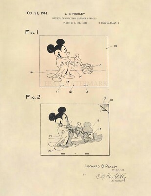 Mickey Mouse Animation US Patent Art Print- Original Vintage Walt Disney - 604