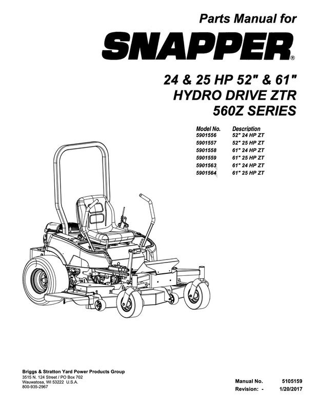 Parts Manual Snapper 24 & 25 HP 560Z Series Hydro Drive Zero-Turn