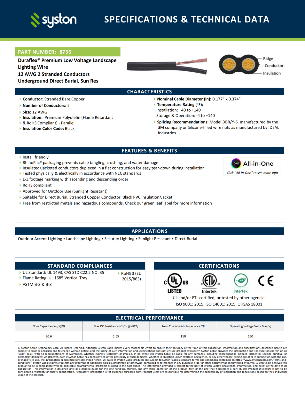 Syston 12/2 Low Voltage Landscape Wire Outdoor Light Direct Burial Cable-12 AWG