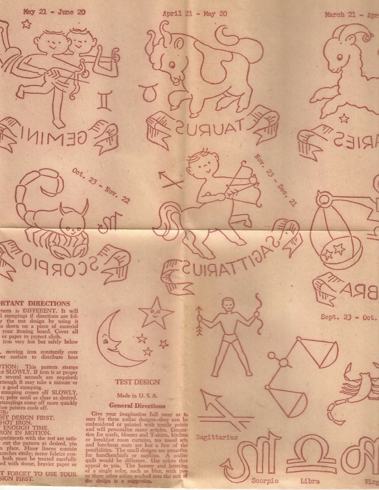 Zodiac Embroidery Transfer Patterns Emb Motif Vintage Mail Order