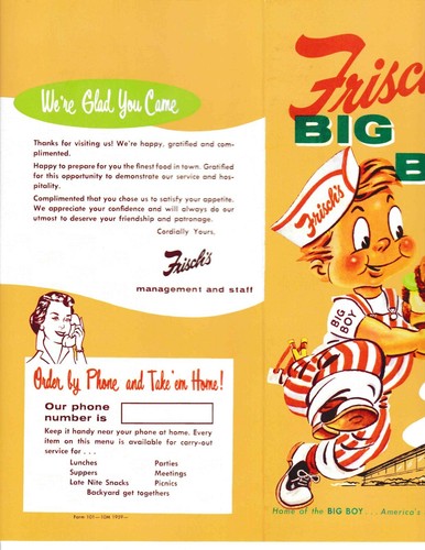 1959 Frisch's Big Boy Menu New Unused NOS