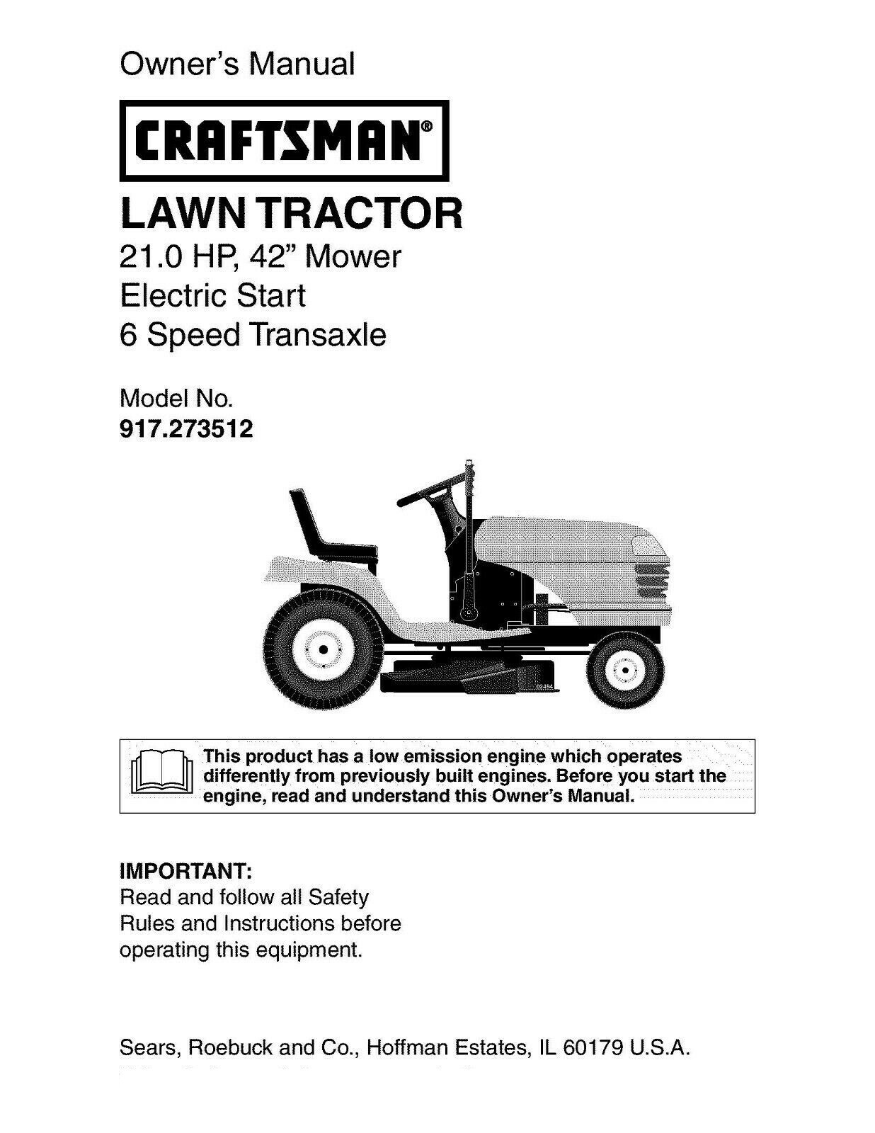 Owners Operator Maint Manual Fits Craftsman Lawn Tractor 42 Mower 21 HP 273512 eBay