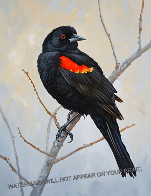 Red-Wing Blackbird on Branch Nature Animals Giclée Art Print 8.5x11