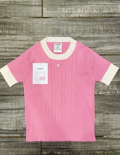 Chanel 23P Pink White CC Logo Ribbed Stretch Cotton Knit T Chanel 23P Pink White CC Logo Ribbed Stretch Cotton Knit T