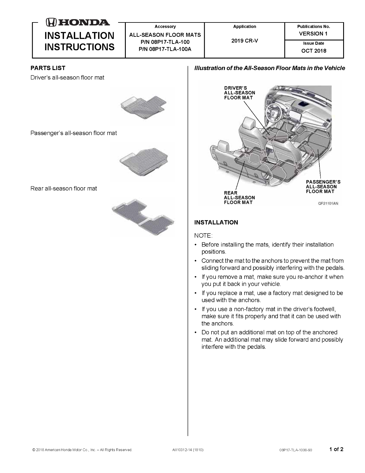 2020 Honda Cr V Ex Floor Mats