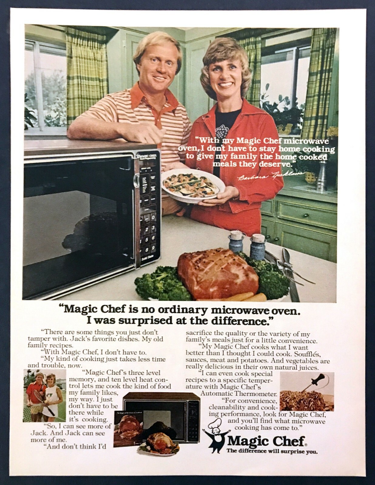 1977 Golf Star Jack & Barbara Nicklaus photo Magic Chef Microwave promo print ad